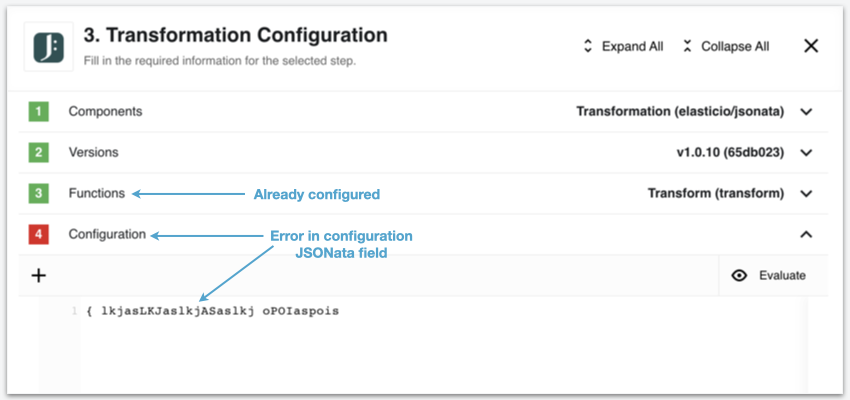 Details of step configuration with error