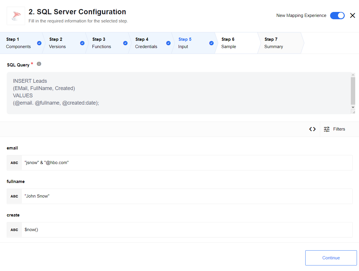 INSERT/DELETE/UPDATE Action - configure input