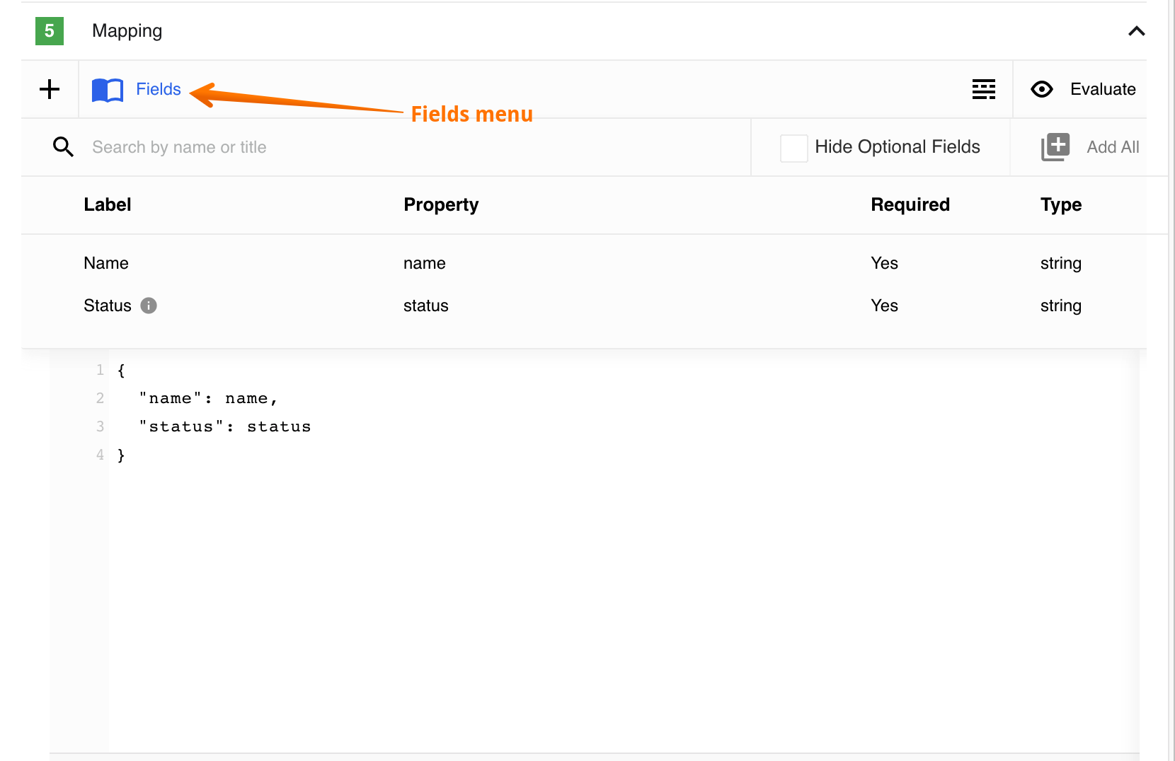 Field menu: incoming meta-model fields